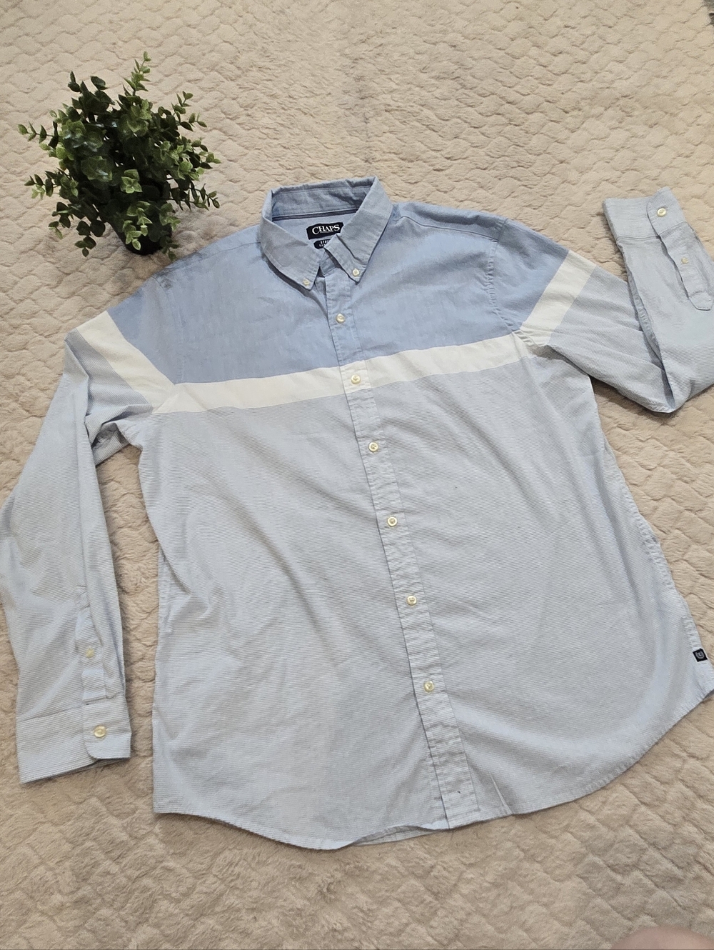 Chaps Stretch Easy Care Long Sleeve Button-Front Blue Stripes Shirt, Size XL